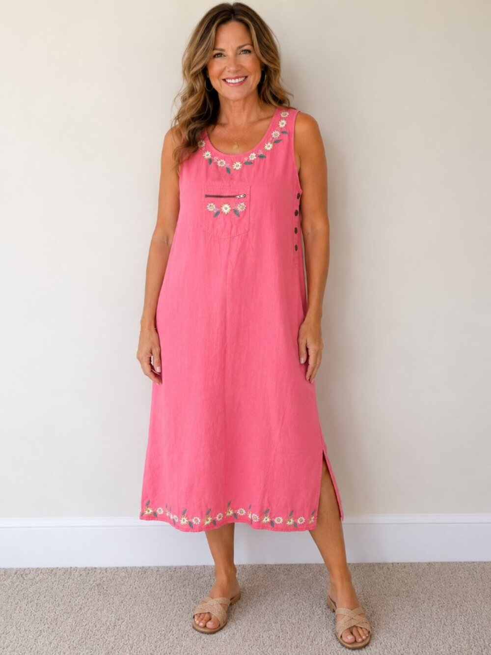 100% cotton fabric Floral embroidery around the neckline and hem Embroidered che